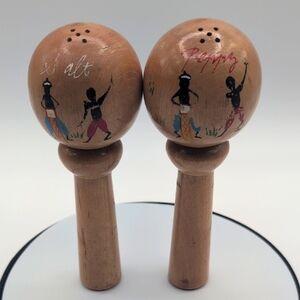 Vintage 60s Handcrafted Wooden Maraca Salt and Pepper Shakers